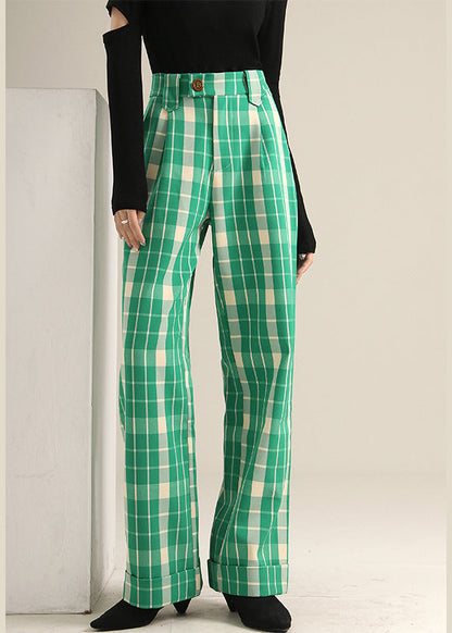 Green Plaid High Waist Straight Pants Spring Tt1019