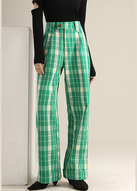 Green Plaid High Waist Straight Pants Spring Tt1019