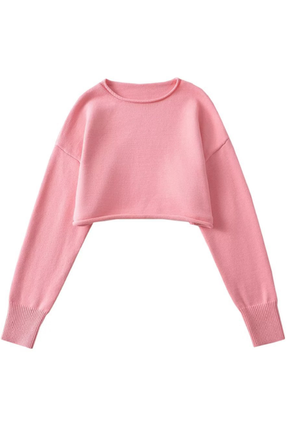 Round Neck Color Loose Long Sleeve Super Short Knitted Sweater