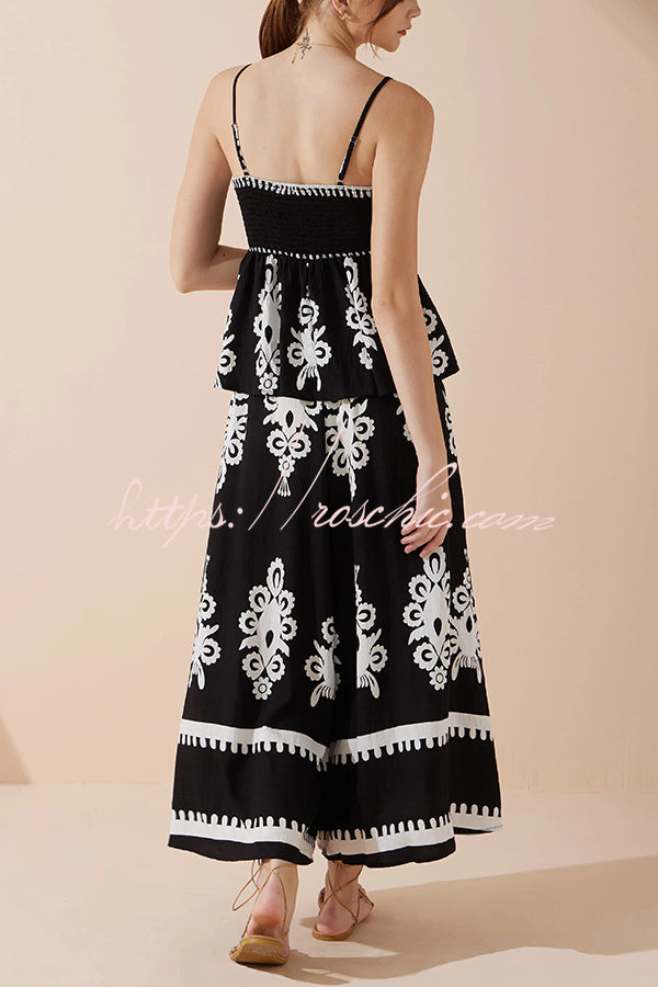 Unique Print Suspender Pleated Top and Elastic Waist Loose Wide-leg Pants Set