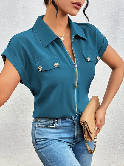 Safira - Zip-front Short Sleeve Blouse
