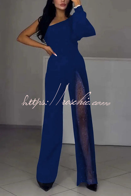 Fashionable Oblique Shoulder One-sleeve High Slit Slim Jumpsuit