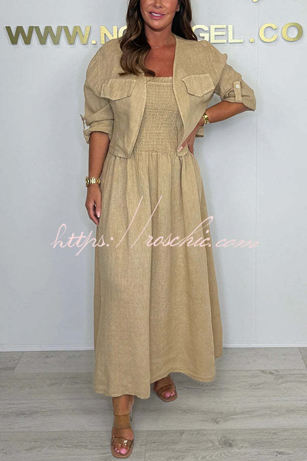 Color Short Jacket and Suspender Pleated Maxi Dress Set