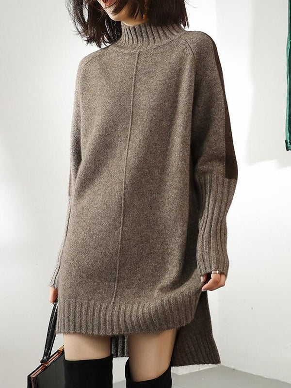Urban Camel Half Turtleneck Contrast Color Long Sleeve Knit Sweater Dress An1068