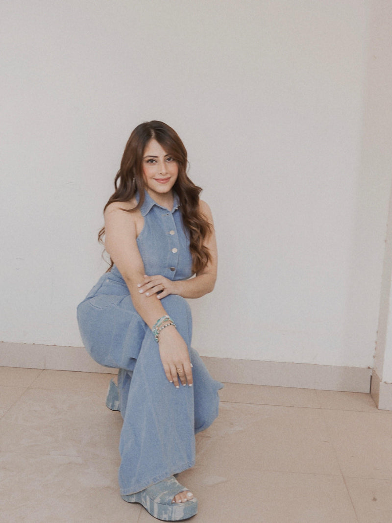 Halterneck Backless Denim Jumpsuit
