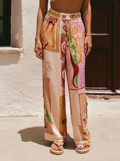 Retro Print Lace Trim Pocket Wide Leg Pants