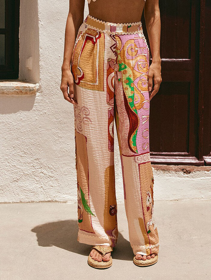 Retro Print Lace Trim Pocket Wide Leg Pants
