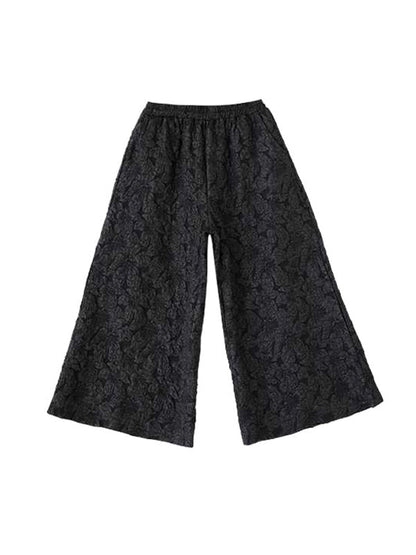 Classy Black Round-neck Jacquard Raglan Long Sleeve and Elastic Waist Pockets Wide Leg Pants Set Ws014