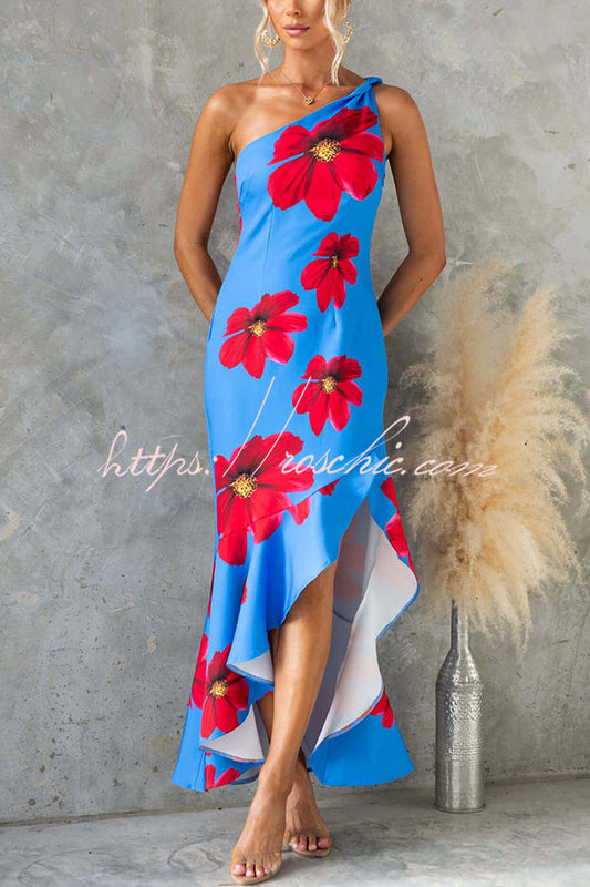 Muse Print One Shoulder Irregular Ruffles Slit Maxi Dress