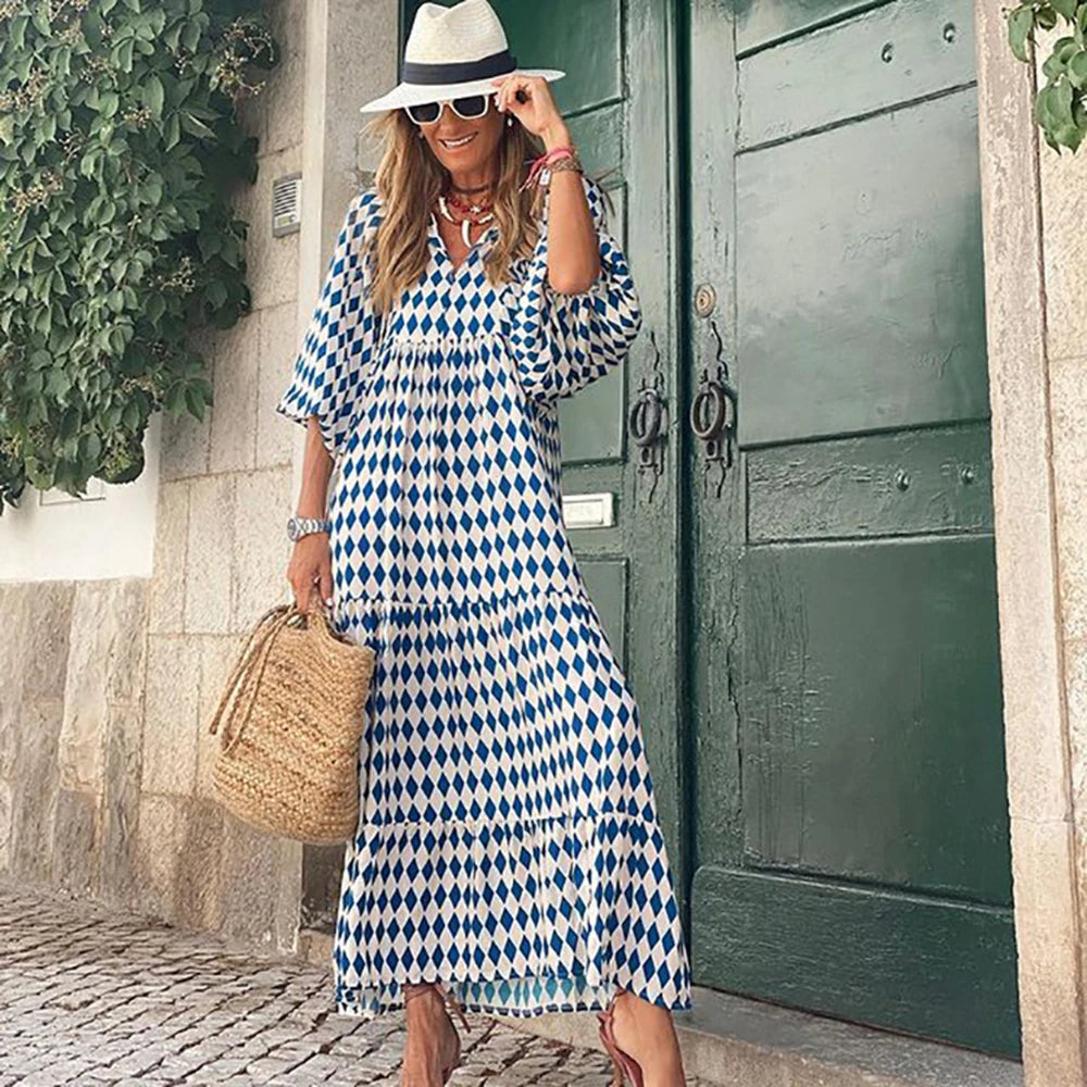 Puff Sleeve Maxi Dress Print V-neck Loose Holiday Beach Party Vestidos