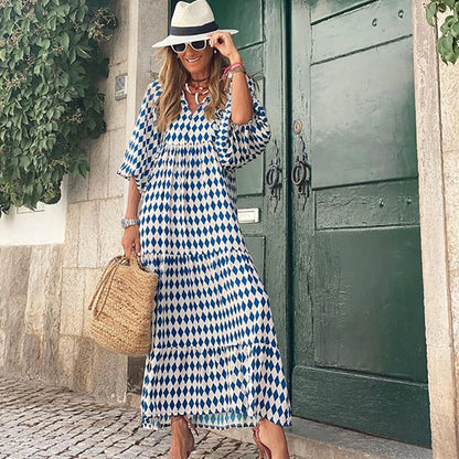 Puff Sleeve Maxi Dress Print V-neck Loose Holiday Beach Party Vestidos