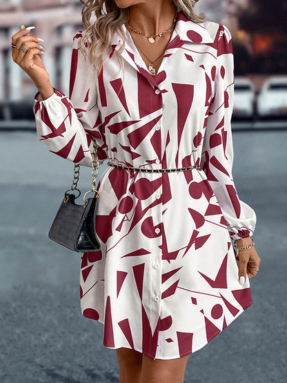Loose Puff Sleeves Printed Split-joint Lapel Mini Dresses Shirt Dress