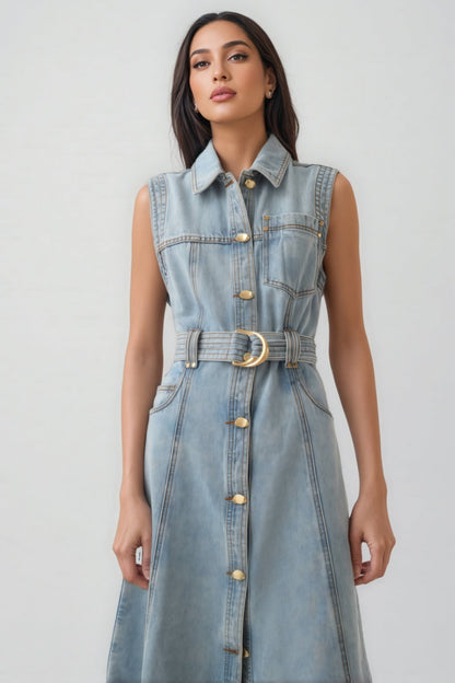 Ivetha Denim Tie-waist Midi Dress