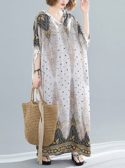 Printed V-neck Batwing Sleeve Maxi Dress