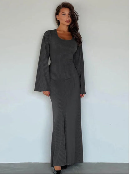Autumn/winter New Sweater Square Neck Flare Sleeve Lace Up Waist Slim Dress Bodycon Party Club Street Clothing