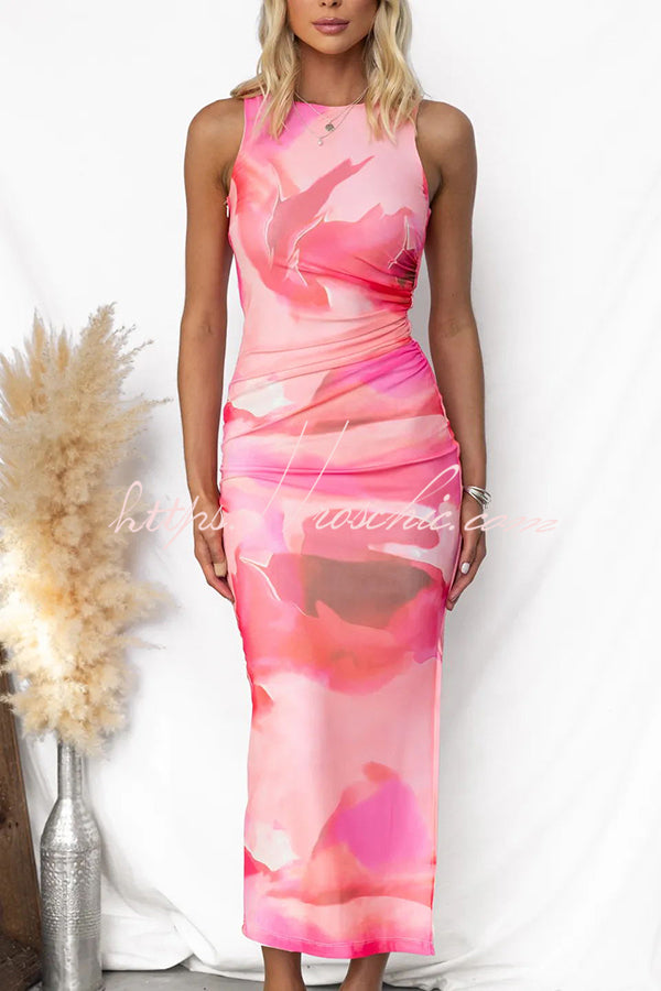 Baha Mesh Overlay Print Ruched Tank Stretch Maxi Dress