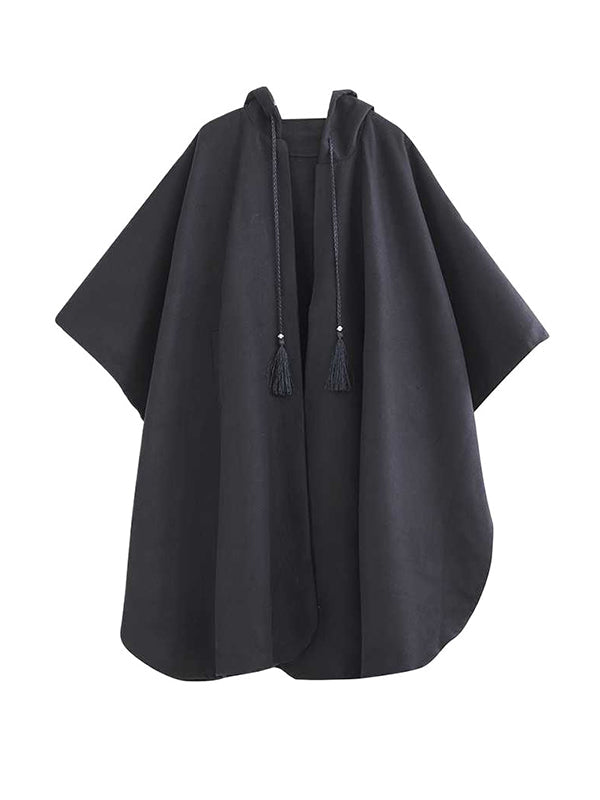 Stylish Black Hooded Drawstring Tasseled Pockets Zip-up Batwing Sleeve Trench Coat Tw007