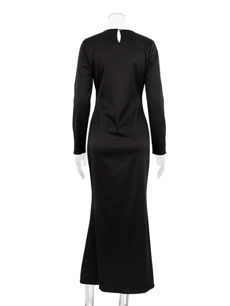 Hollow Out Satin Maxi Dress Female High Waist Slim Scoop Neck Long Sleeve Dress Zipper Party Dress Summer