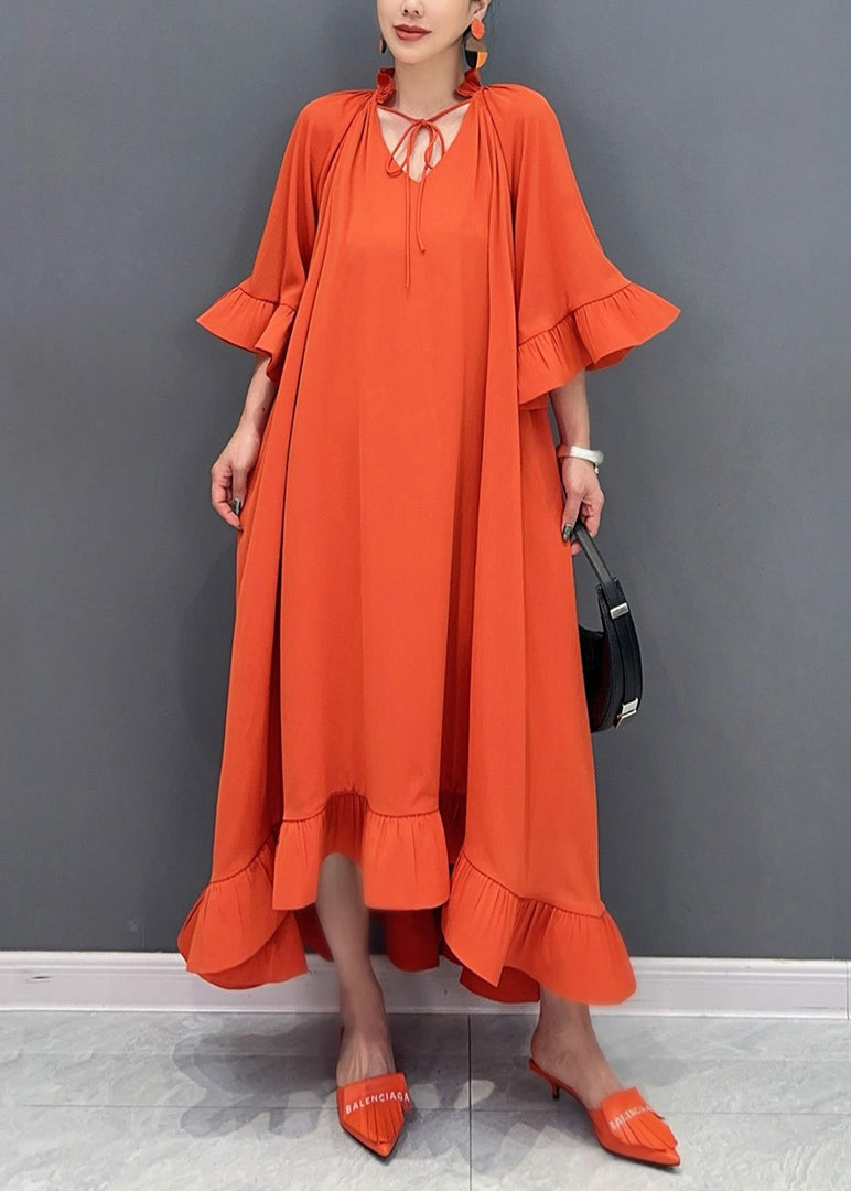 Art Orange V Neck Vacation Long Dresses Flare Sleeve Ao1046