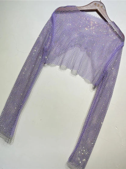 Sparkly Crystal Crop Tops for Fishnet Hollow Out See Through Cropped Coat Evening Night Club Top Party Wear