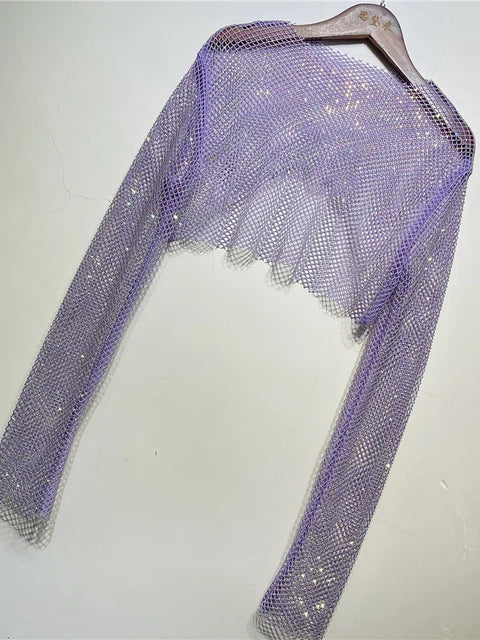 Sparkly Crystal Crop Tops for Fishnet Hollow Out See Through Cropped Coat Evening Night Club Top Party Wear