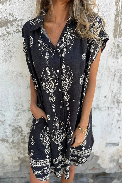 Linen Blend Unique Print Lapel Pocket Mini Dress