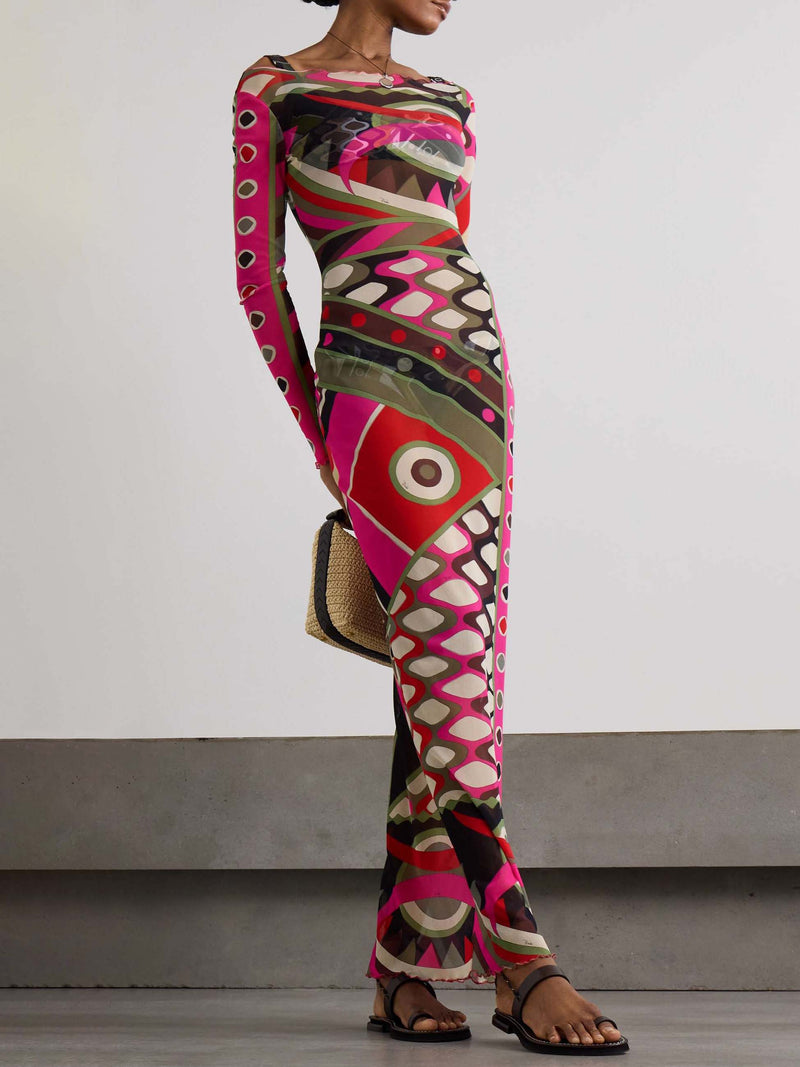 Retro Personality Abstract Print Hip-wrapped Maxi Dress