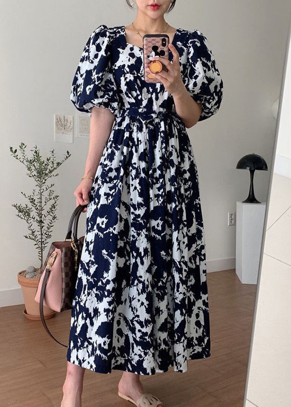 Black Square Collar Print Cotton Long Dress Summer Qp005