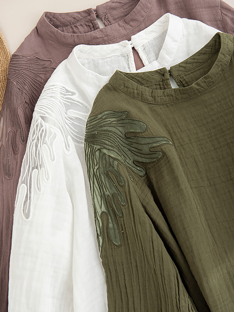 Autumn Artsy Embroidery Stand Collar Cotton Blouse Ai1076