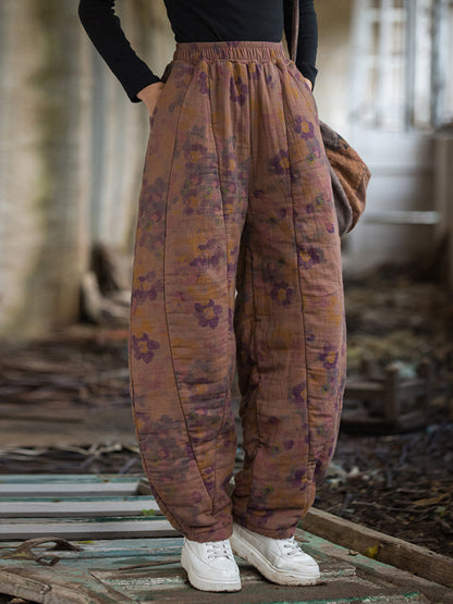 Winter Retro Flower Cotton Paaded Harem Pants Wu003