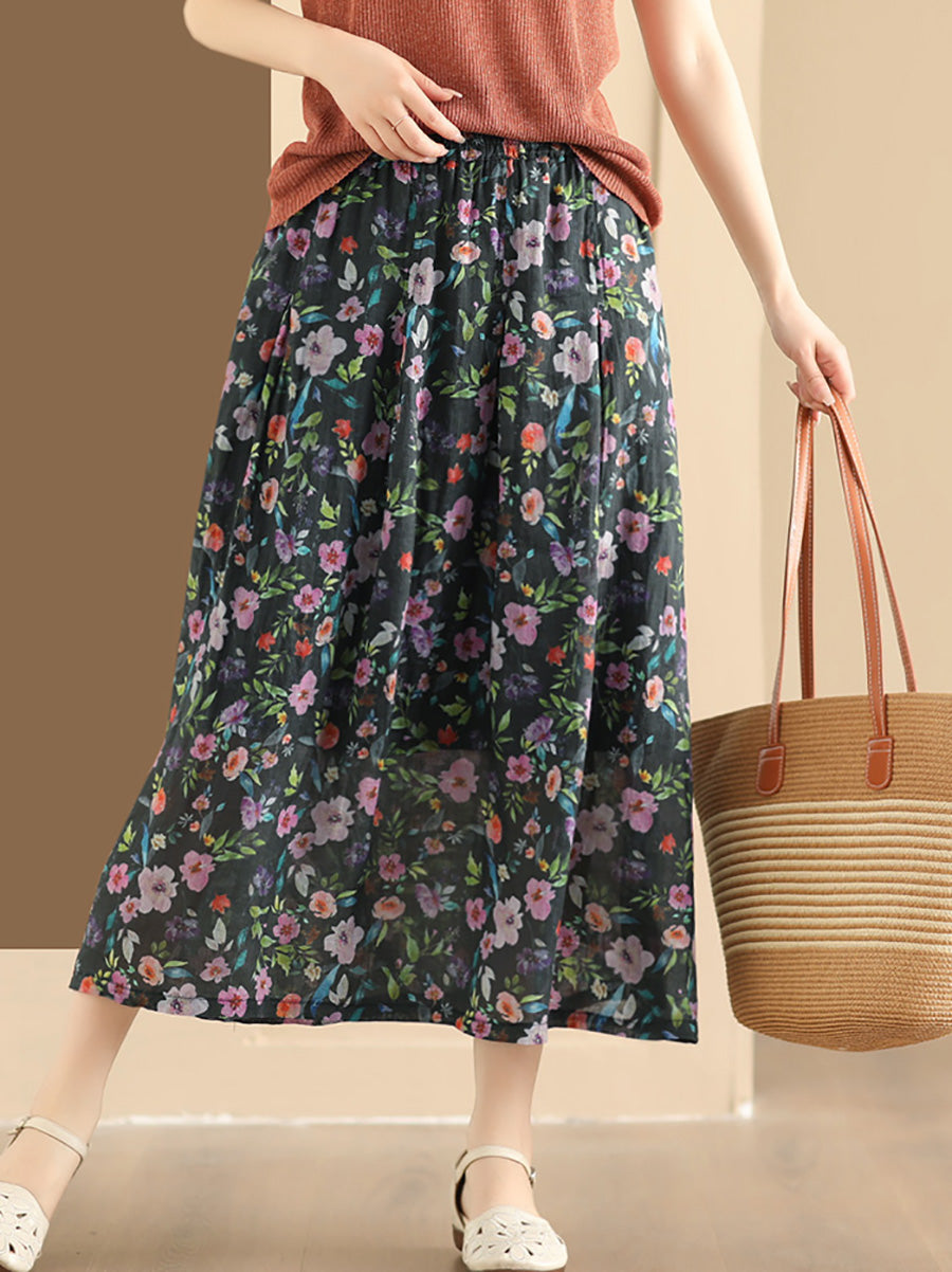 Artsy Summer Flower Ramie A-shape Skirt Co1025