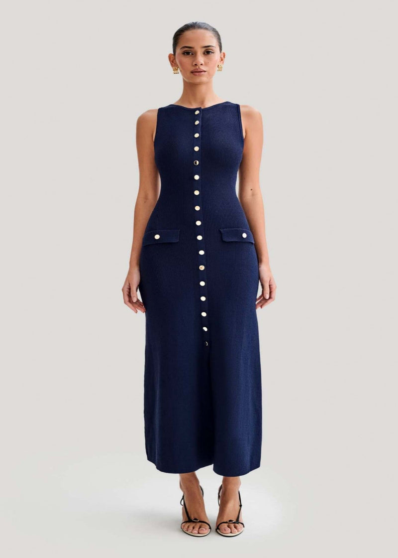 Juliette - Ribbed Knit Button Midi Dress