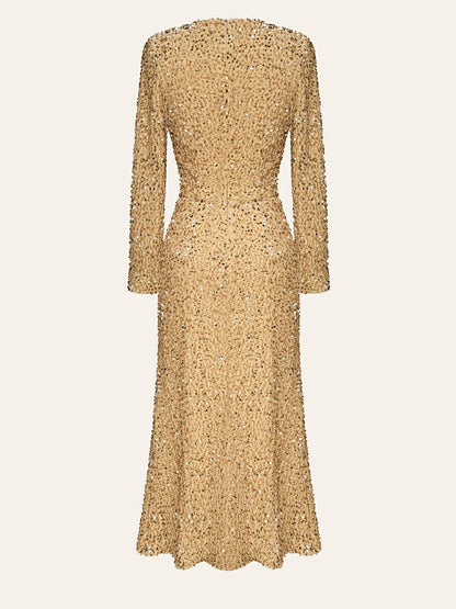 Sequin Decorated Velvet Midi Dress in Beige