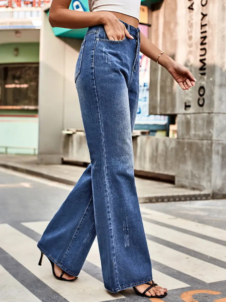 Versatile Mid-rise Flared Denim Pants