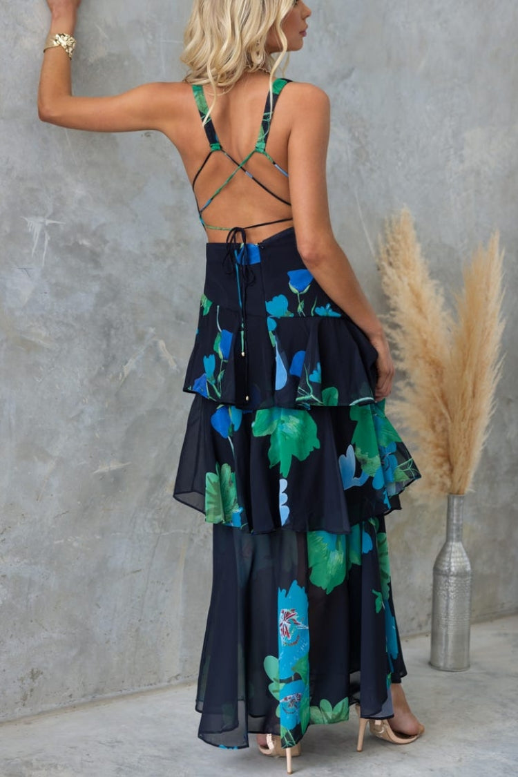 Refreshing Print Back Lace-up Multi-teir Ruffle Hem Maxi Dress