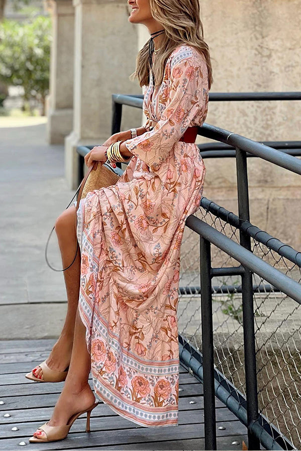 Pink V Neck Ruffle Maxi Dress