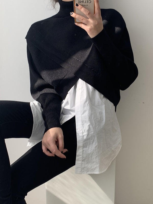 Urban White High-neck Split-front Long Sleeve Crop Sweater An1034