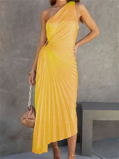 Female Dress Gown Pleated One-shoulder Sleeveless Summer Party Dress Slim for Maxi Dress