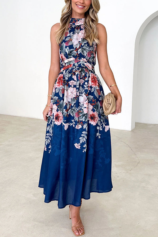 Print Halterneck Tie Zip Smocked Maxi Dress