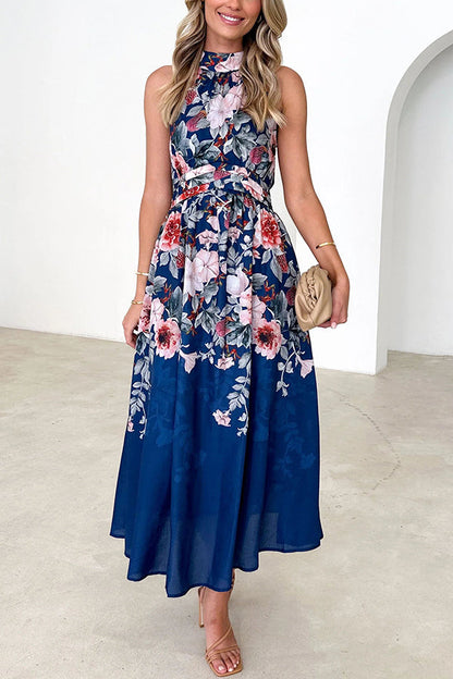 Print Halterneck Tie Zip Smocked Maxi Dress