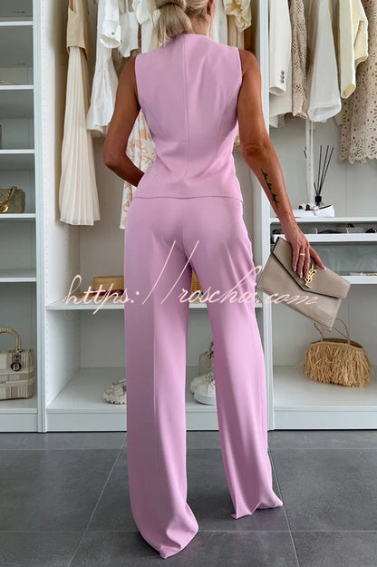 Workplace Sleeveless Button Vest and Relaxed Pocket Wide Leg Pants Set