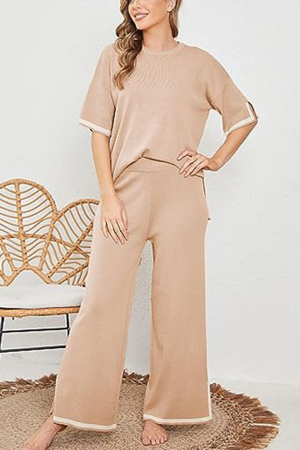 Lounge or Wear Knit Patchwork Color Block Short Sleeve Top and Elastic Wide Leg Pants