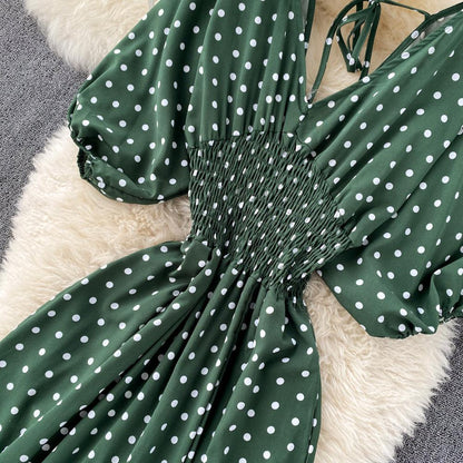 Stylish Army Green V-neck Polka Dot Puff Sleeve Wide Leg Jumpsuit