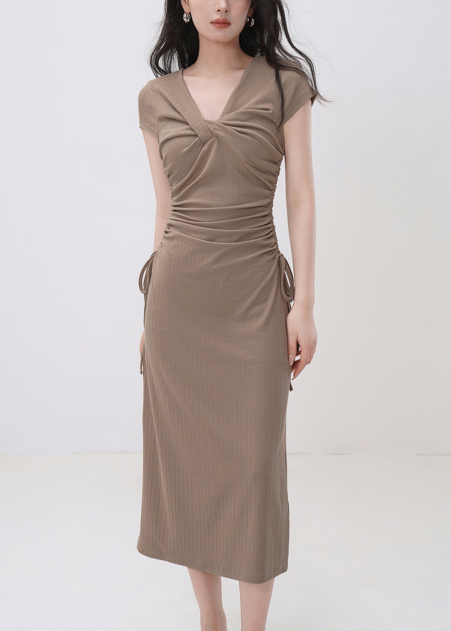 Classy Black V Neck Cinched Maxi Dresses Short Sleeve Ee033