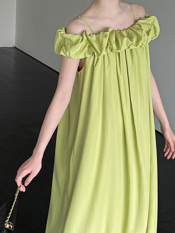 Loose Sleeveless Elasticity Pleated Color Split-joint Off-the-shoulder Maxi Dresses