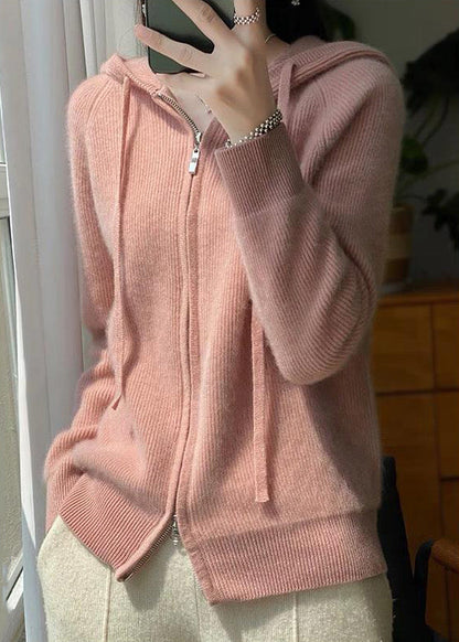 Pink Hooded Zip Up Wool Knit Coat Fall Qx034