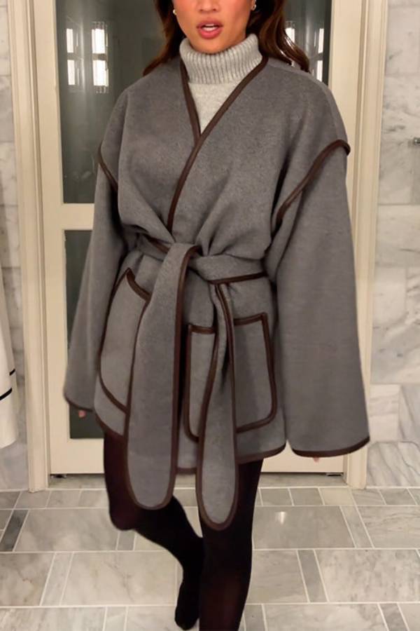 Open Front Pocketed Splice Coat With Belt
