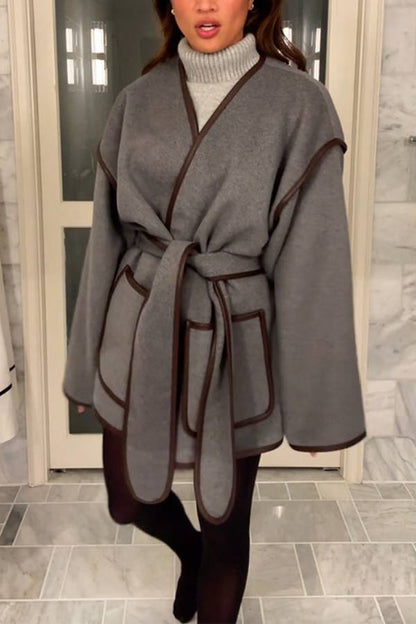 Open Front Pocketed Splice Coat With Belt