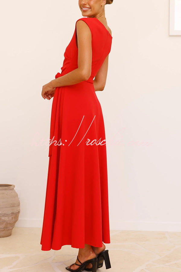 Color Sloped Collar Slim Fit Waist Lace Up Full Hem Maxi Dress