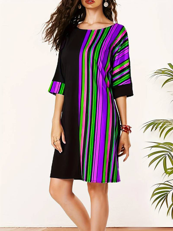 A-line Half Sleeves Asymmetric Contrast Color Striped Round-neck Mini Dresses